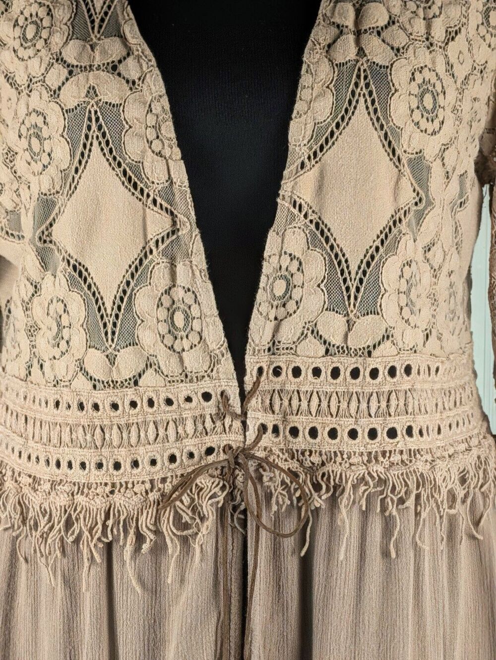 Jodifl Bohemian Beige Lace Crochet Tunic Dress with Fringe Detail Large